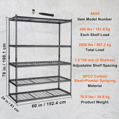 VEVOR Opbergrek, 5-laags verstelbaar, 2000 lbs capaciteit, zware garageplanken metalen organizer draadrek, zwart, 152,4 cm L x 61 cm B x 198 cm H voor keuken voorraadkast kelder badkamer waskast