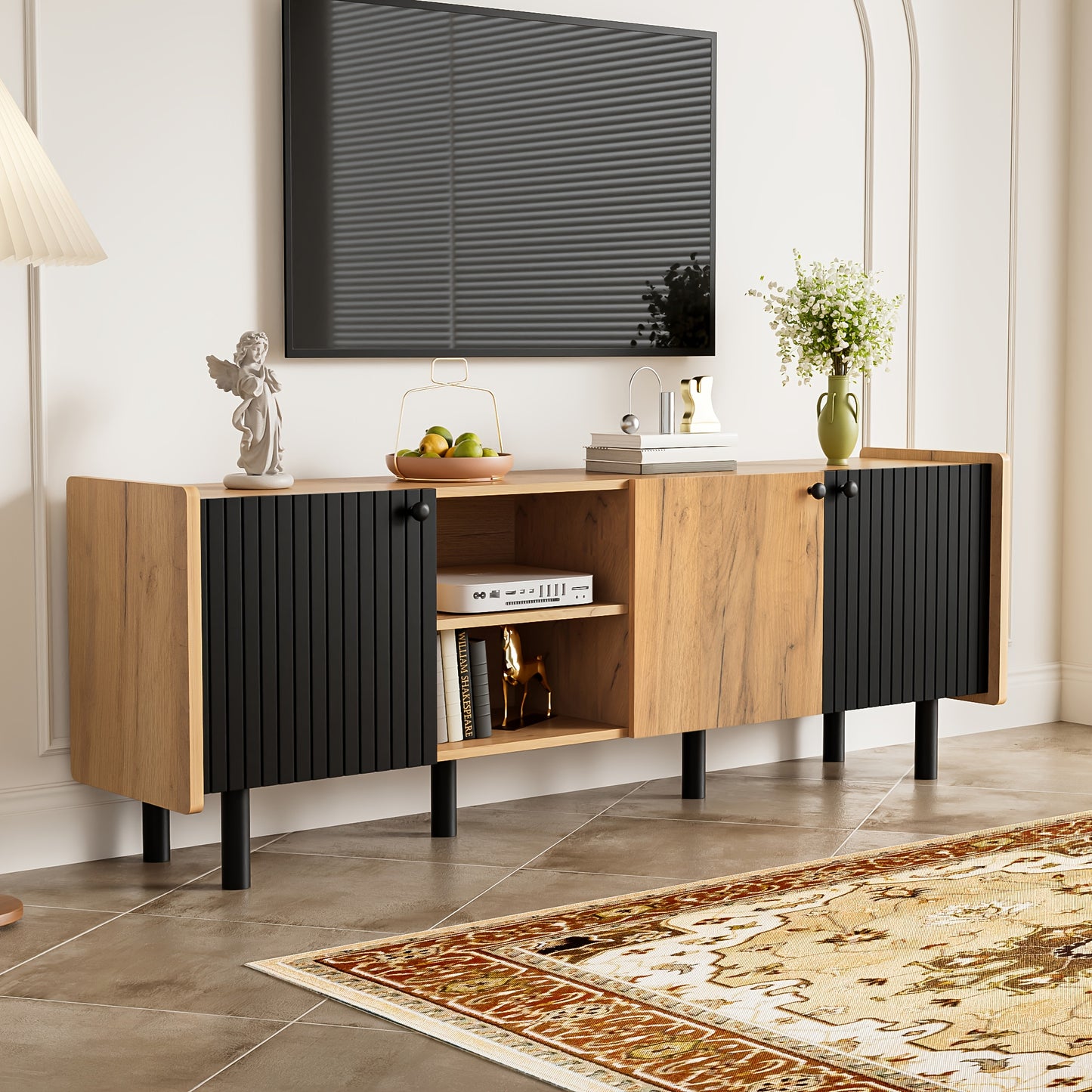 tv meubel – tv kast – tv dressoir – tv console – tv meubelen – modern design – 160 cm breed – geschikt voor tv tot 65 inch – stevige constructie – drie deuren en open vakken