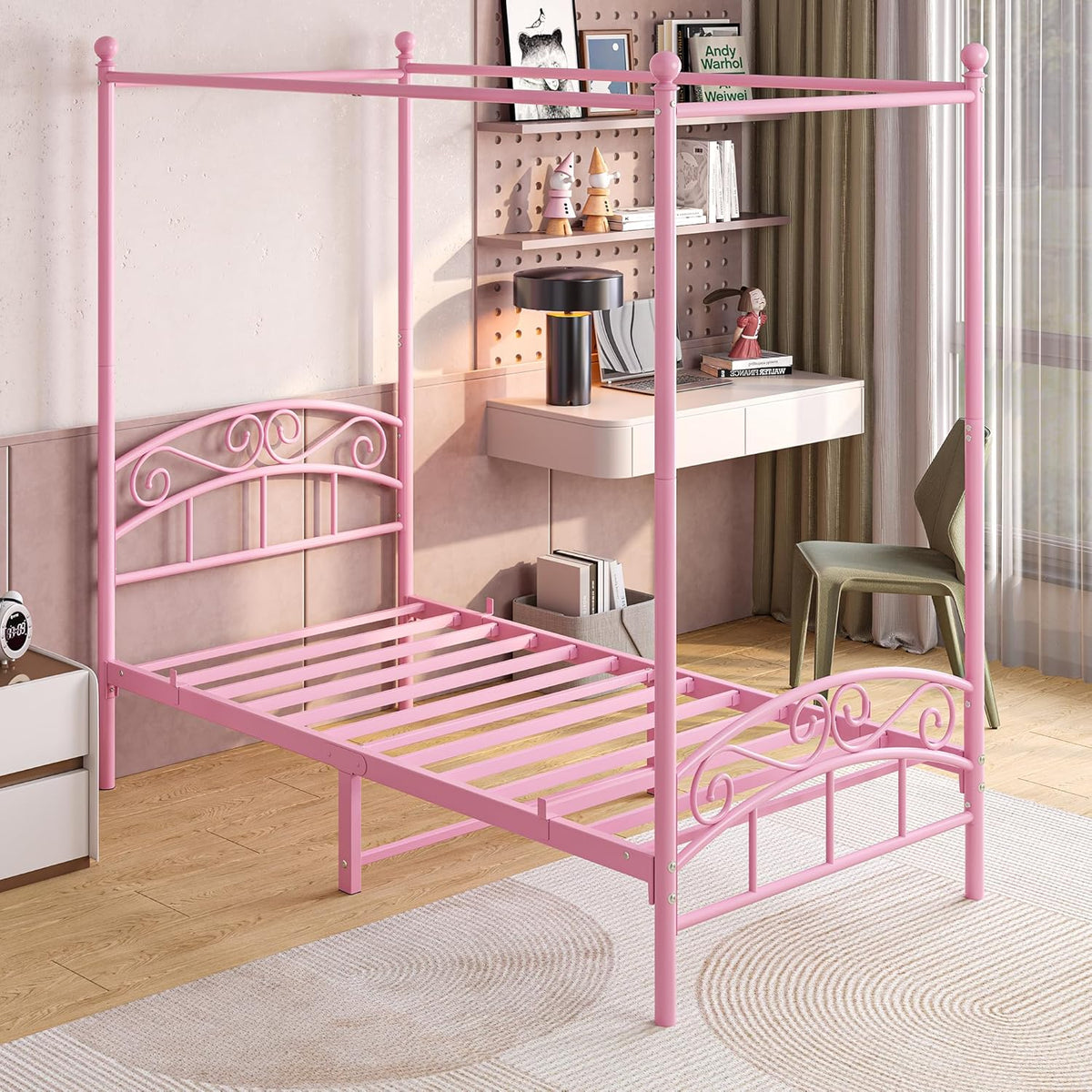 JURMERRY 90 cm eenpersoons hemelbedframe met sierlijk hoofdeinde en voetenplank in Europese stijl, stevig staal, perfect, eenvoudige doe-het-zelf montage, alle onderdelen inbegrepen, roze, 90 x 190 cm