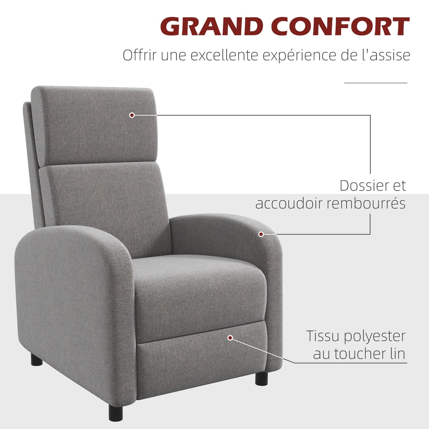 Relaxfauteuil – Relaxstoel – Loungefauteuil – Verstelbare Fauteuil – Zithoekstoel – Verstelbare Rugleuning 160° – Geïntegreerde Voetensteun – Polyester Linnen-look – Grijs