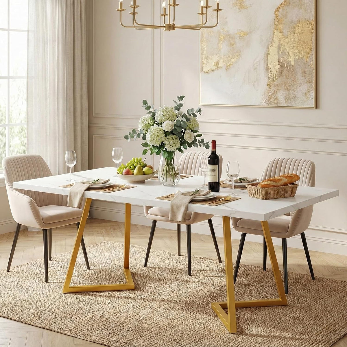 Ovale Eettafel – Ronde Tafel – Marmeren Eettafel – Witte Eettafel – 6 Persoons Tafel – 140x80x75 cm – Wit Met Gouden Accenten – Met Stevig Metalen Onderstel