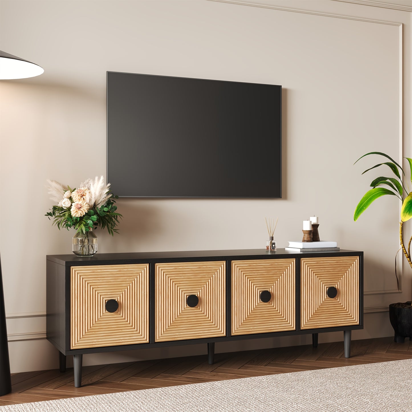 TV-meubel – Tv-kast – Lowboard – Media meubel – Entertainment kast – Zwart met bamboe – Laag design 150x38x55 cm – Ruime opbergruimte