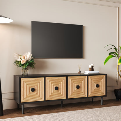 TV-meubel – Tv-kast – Lowboard – Media meubel – Entertainment kast – Zwart met bamboe – Laag design 150x38x55 cm – Ruime opbergruimte