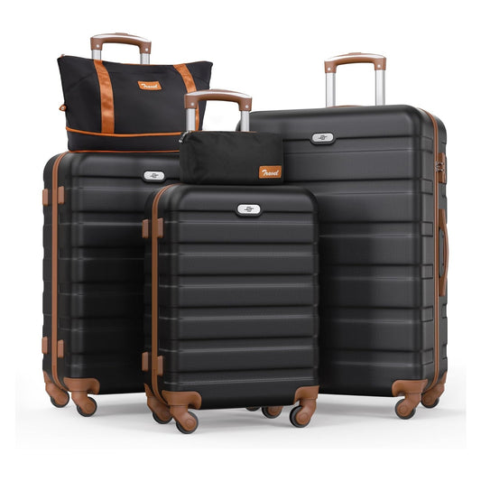 Koffer Set – Reiskoffer – Bagage – Trolley – Spinner – 5-delig 20/24/28 inch – Lichtgewicht & Stilloopwielen – Combinatieslot & Uitschuifbare Handgreep – Zwart/Bruin