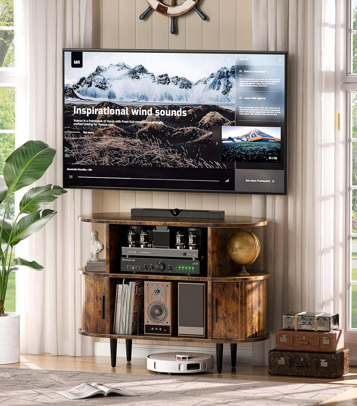 Platenspelerstandaard, vinylplaat kast, tv-kast hout, televisietafel met afgeronde hoeken, tv-standaard met opbergruimte, tv-rek voor televisies tot 165 cm, met schuifdeuren voor woonkamer, bruin