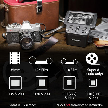Magnasonic All-in-one filmscanner met 24 MP, 12,7 cm (5 inch) groot display en HDMI, converteert films van 35 mm/126/110/Super 8 en dia's 135/126/110 in digitale foto's, intern geheugen (FS71)