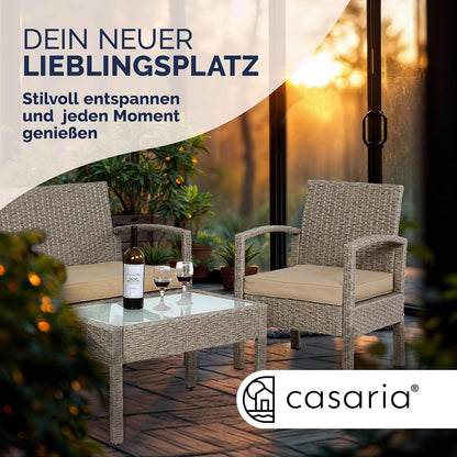 CASARIA® Garden furniture set weatherproof 4 people outdoor incl. cushions polyrattan 2 armchairs garden bench table garden terrace balcony furniture lounge cream - QUORE