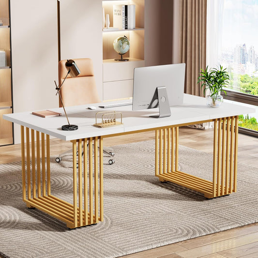 Tribesigns Desk, Computer Table, 180 x 80 x 78 cm, Modern Desk Table, PC Table, Work Table, Dining Table with Gold Legs for Home Office, Home, Desk, Conference Table (White and Gold)