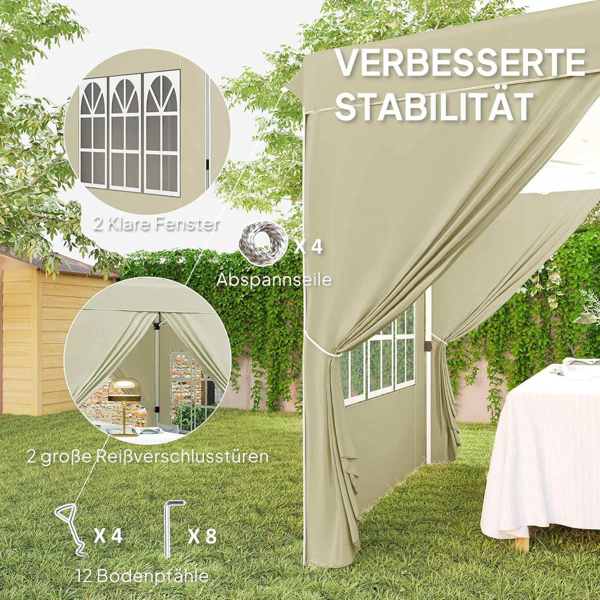 Outsunny Pavillon 2,5x2,5m, wasserabweisend Stabil Winterfest Pop-up Faltpavillon, UV Schutz 50+, Faltbar Partyzelt Gartenzelt mit 4 Seitenteilen Tasche Gartenpavillon für Camping Garten, Cremeweiß - QUORE