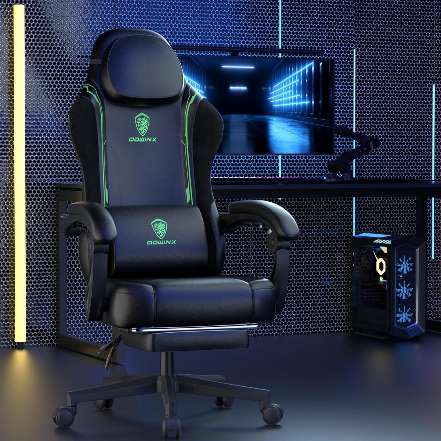 Dowinx Gaming Chair, Racing Gamer Chair, Ergonomic Gaming Chair with Lumbar Support, Gaming Chair, PU Leather, PC Chair, Widened Backrest, 150kg, Green - QUORE