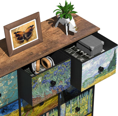 VEDECASA Commode voor slaapkamer kast met 12 laden van stof Van Gogh opbergtoren voor kast voor woonkamer kinderkamer hal kantoor metalen frame houten plaat stoffen commode