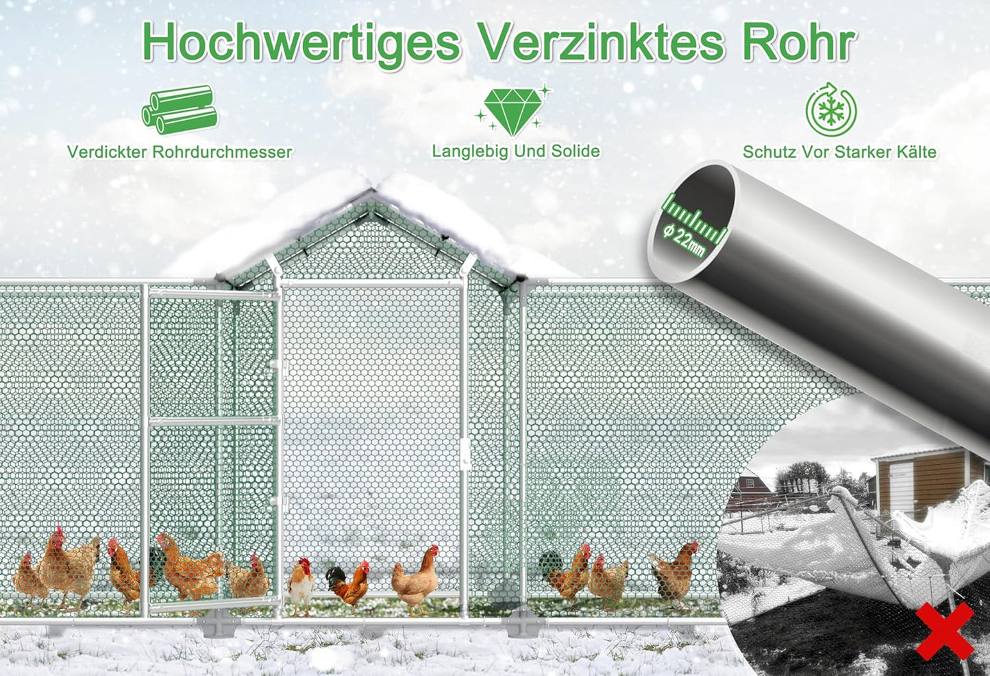 LILIIN Free Run Hen Coop Galvanised Steel Frame Chicken Coop Outdoor Entrance for Pet Cage, Bird Cage, Small Animals, with Lock and PVC Coated Roof, 400 x 100 x 150 cm - QUORE