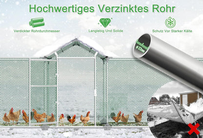 LILIIN Free Run Hen Coop Galvanised Steel Frame Chicken Coop Outdoor Entrance for Pet Cage, Bird Cage, Small Animals, with Lock and PVC Coated Roof, 400 x 100 x 150 cm - QUORE