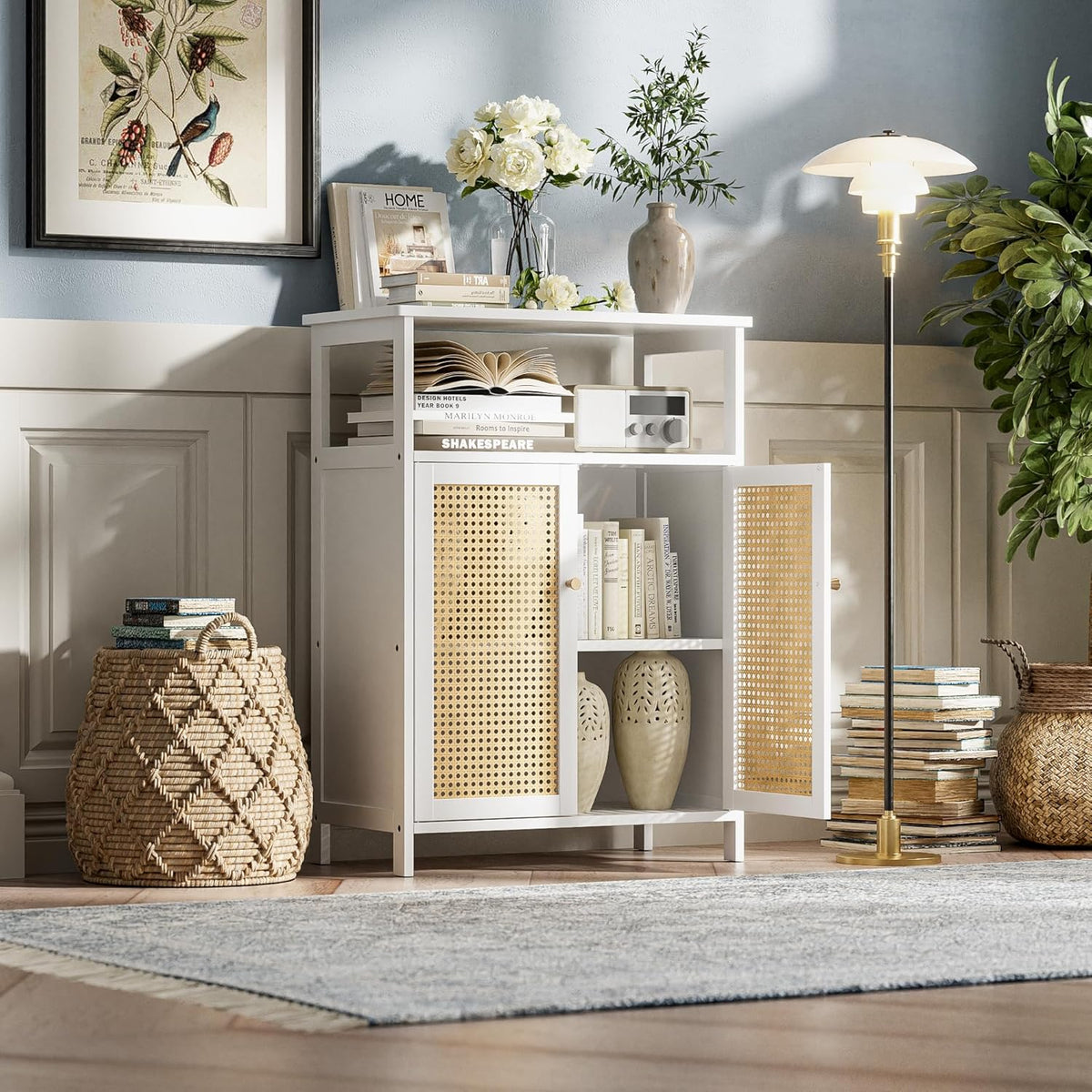 Bathroom Floor Stand Cabinet, Bamboo Storage Organizer Table with 2 Rattan Doors and 1 Shelf, Wooden Side Cabinet for Hallway, Laundry, Kitchen, Living Room (White)