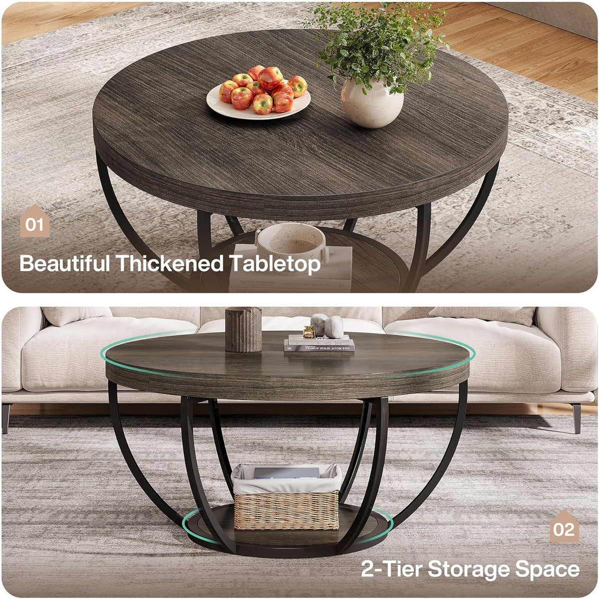 Tribesigns Round Coffee Table, 80.5cm Wooden 2-Tier Circle Coffee Table with Storage Shelves, Modern Accent Cocktail Table Center Table for Living Room, Grey