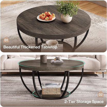 Tribesigns Round Coffee Table, 80.5cm Wooden 2-Tier Circle Coffee Table with Storage Shelves, Modern Accent Cocktail Table Center Table for Living Room, Grey