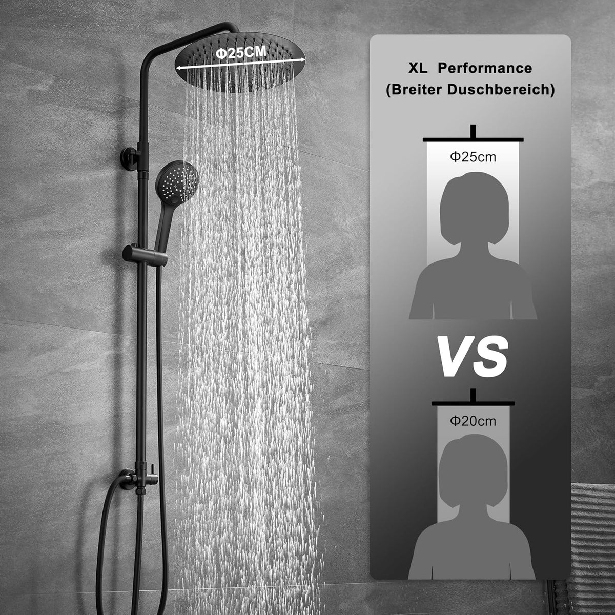 Doucheset – Douchesysteem – Douchezuil – Regendouche – Douchekop – Zwarte Regendouchekop 25 cm – Verstelbare Douchestang 74-114 cm