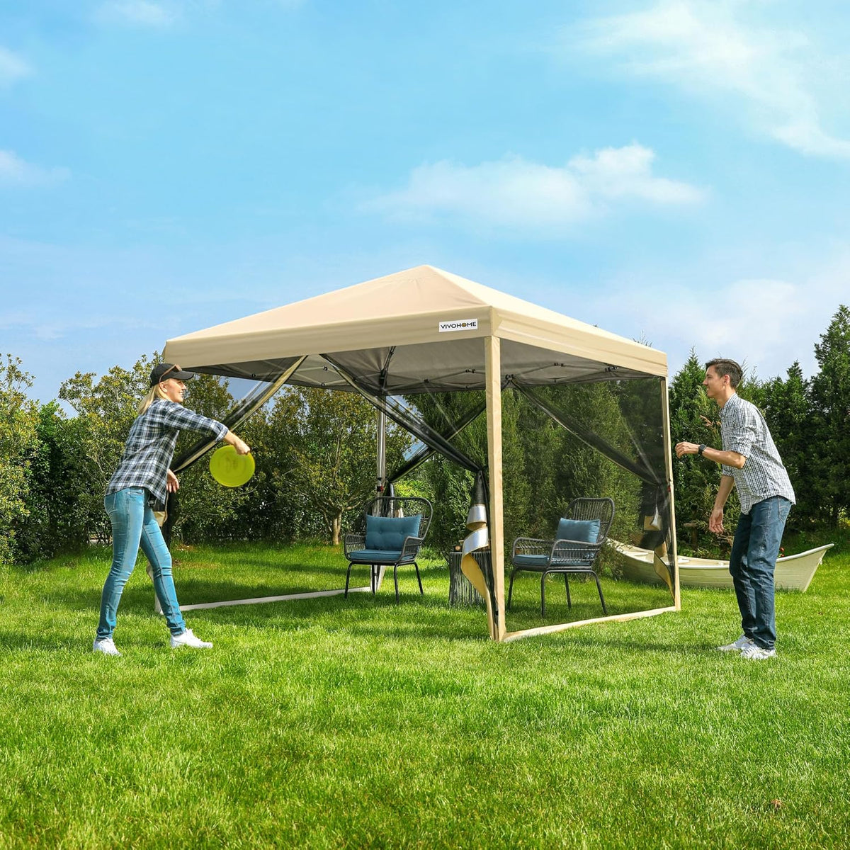 VIVOHOME 3x3m Pop-Up Paviljoen Waterdichte Draagbare Gazebo Buiten Luifel Tent met Muggennet 2 Ritsdeuren en Roltas voor Tuin Camping Picknick Feest Evenementen