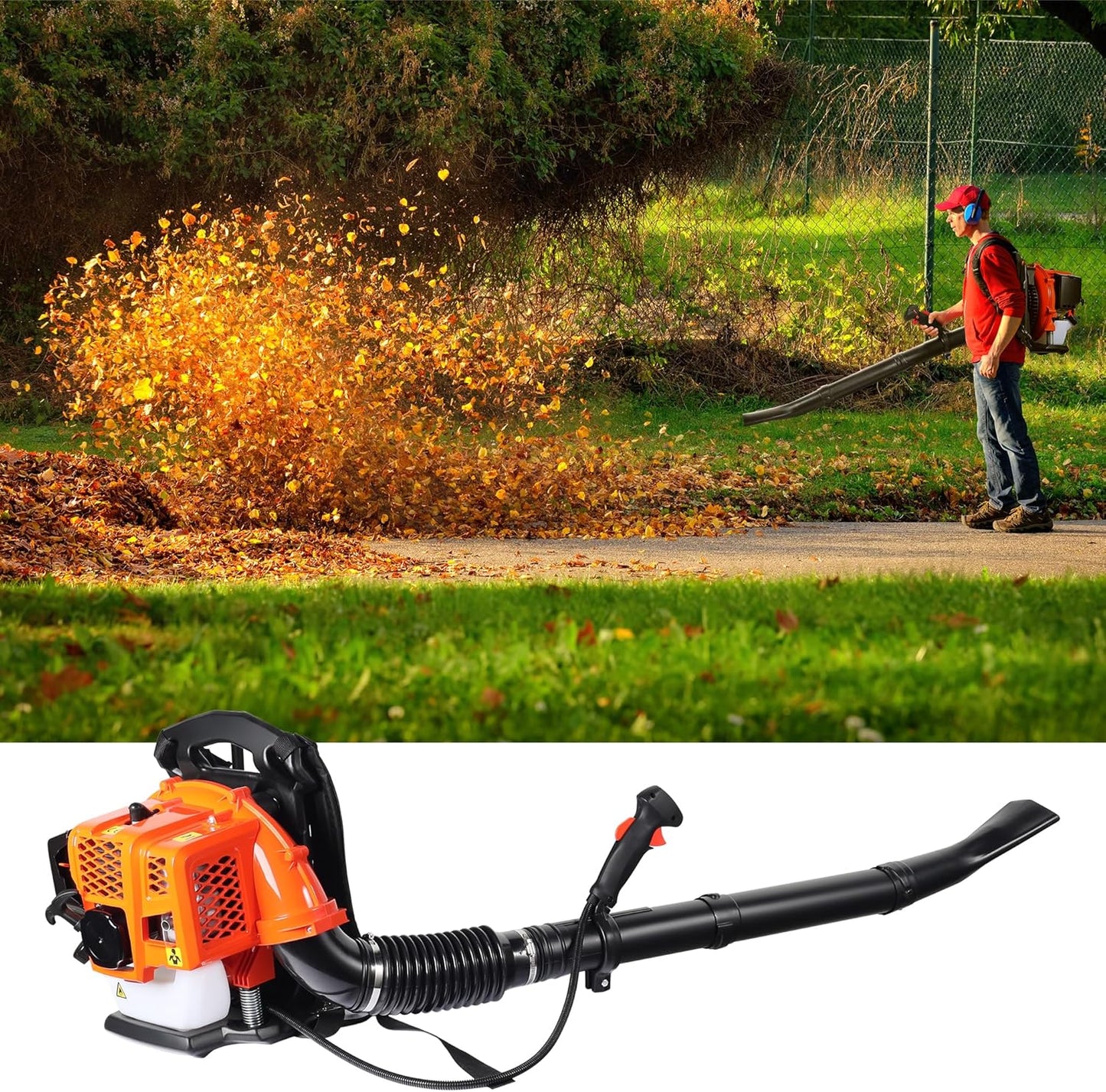 Wiltec bladblazer op benzine 1,7 pk, rugbladblazer met 2-takt-motor, blazer voor bladeren en tuin, tuingereedschap voor bladblazen met bedieningselement aan handgreep incl. mondstukken