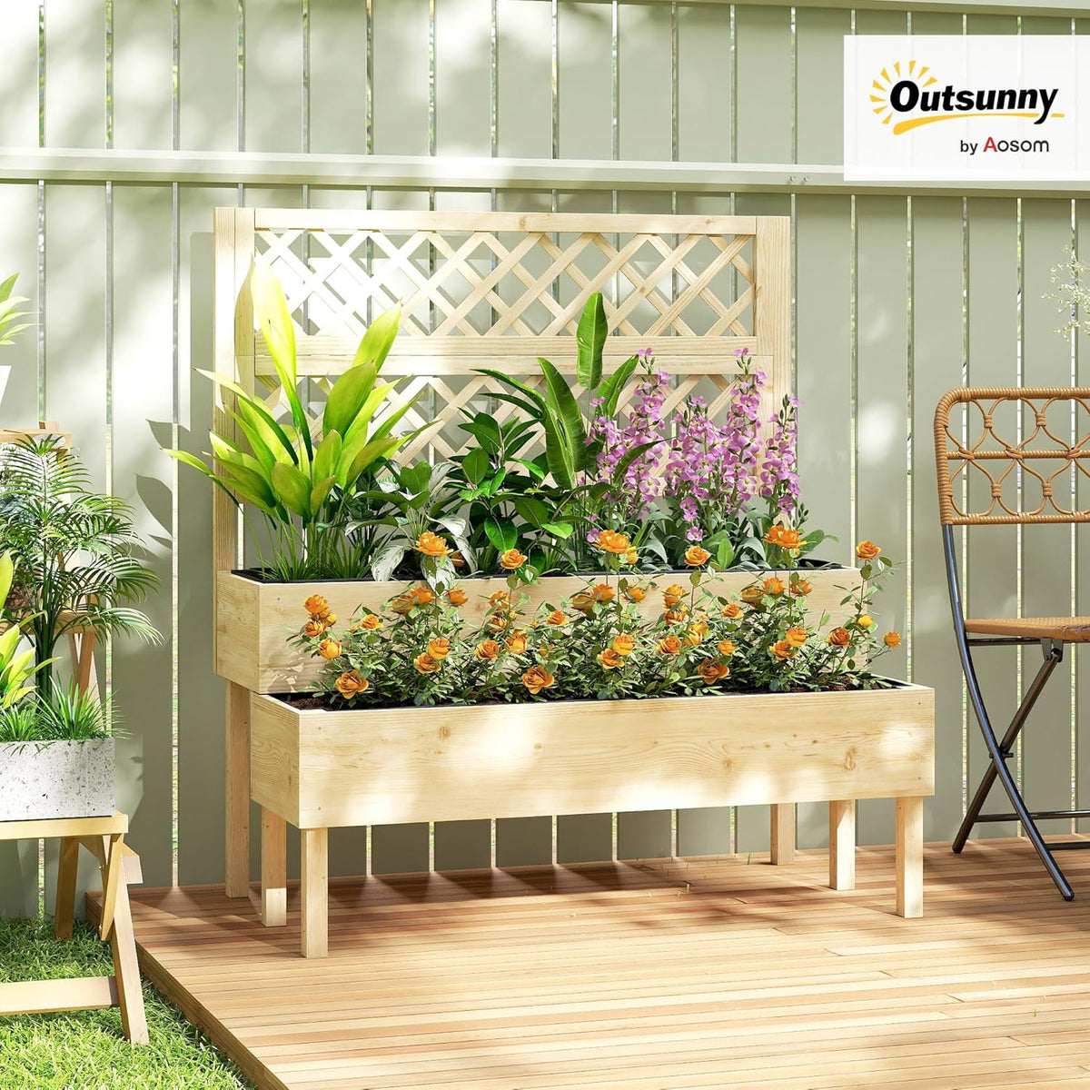 Outsunny Raised Planter with Trellis, 2-Step Flower Box with 2 Planters, Felt Fabric, Wooden Planter for Climbing Planters, Garden 108 x 62 x 120 cm