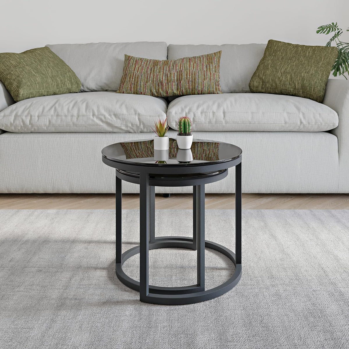 Modena, Set van 2 Salontafels van Gehard Glas en Staal, Handgemaakt in Europa, Bijzettafel, Koffietafel, Coffee Table, Zwart, Ronde, Ø50x43 cm / Ø40x38 cm