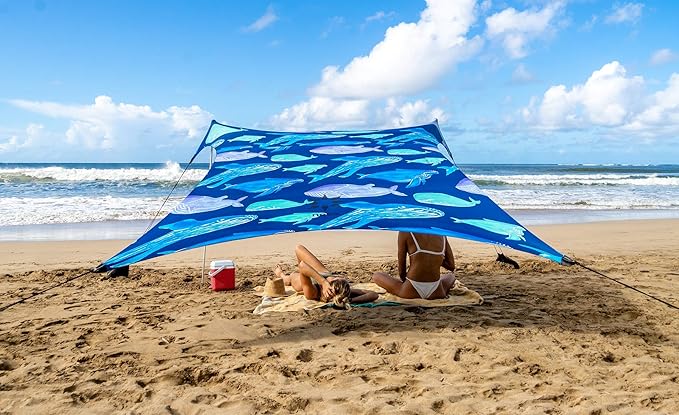Neso tenten strandtent met zandanker, draagbare luifel zonnescherm - 2,1 mx 2,1 m - gepatenteerde versterkte hoeken (Red de walvissen)