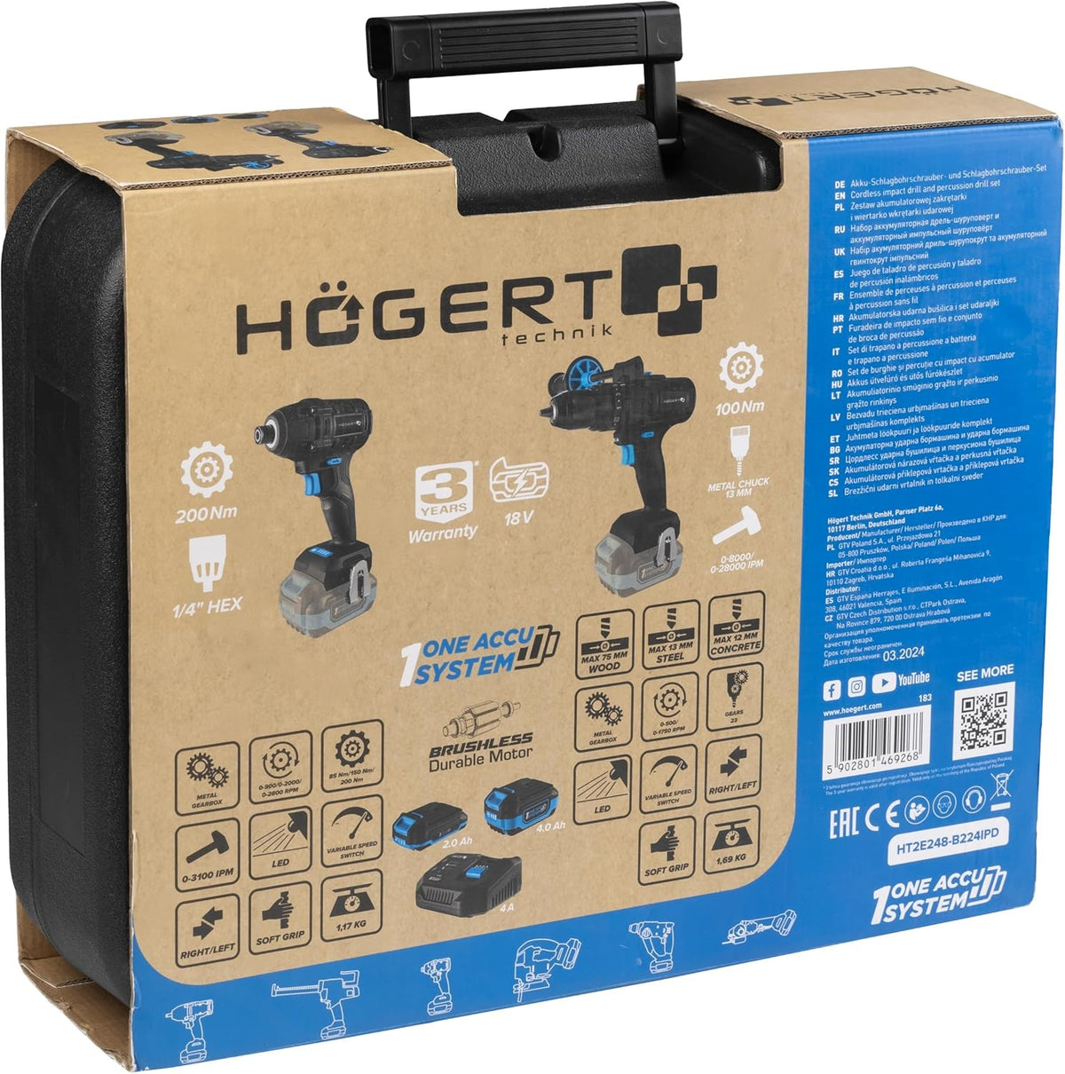 HÖGERT TECHNIK Accu-slagboorschroevendraaierset 18 V, 200 Nm & 100 Nm, 2 borstelloze slagschroevendraaiers, 2 x accu, 4 A oplader, ledverlichting, metalen aandrijving, voor hout en metaal