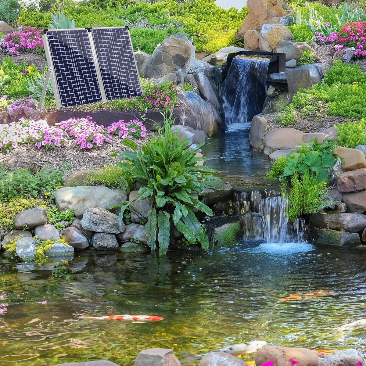 Biling 70 W Solar vijver watervalset, 30 cm roestvrijstalen overloop vijverpomp waterval en duurzame buisdecoratie voor koivijver, zwembad, beekloop, tuinvijver, terras, doe-het-zelf siervijver