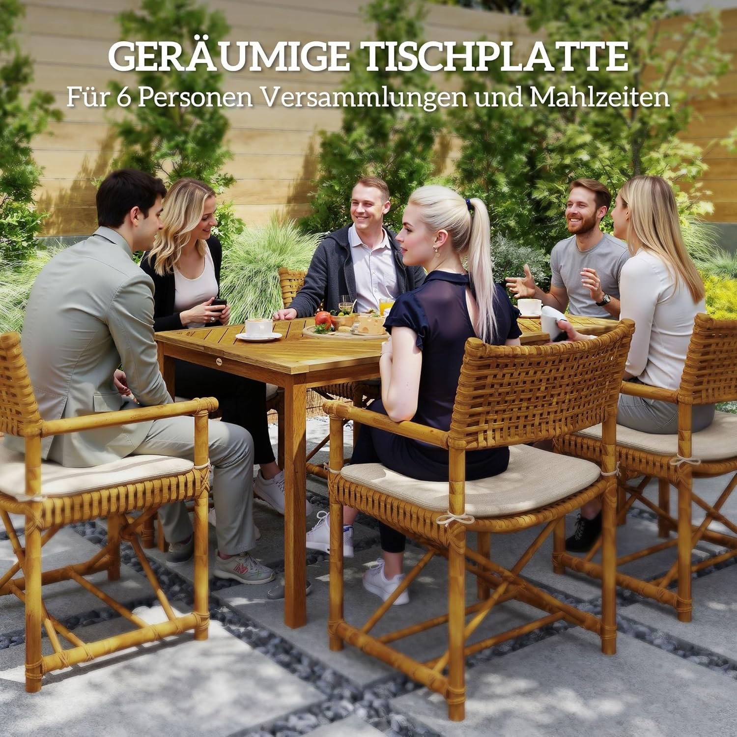 Outsunny Gartentisch klappbar 150x85cm, Wetterfest Balkontisch aus Holz, 6 Persons Klapptisch mit Schirmloch, Lamellendesign Esstisch Outdoor, Beistelltischisch, Terrassentisch für Garten Balcony Teak - QUORE