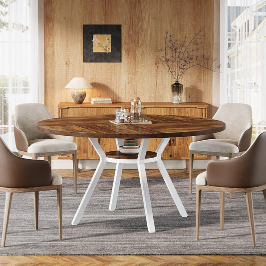 Tribesigns Round Dining Table for 4 People, 120 cm, Round Dining Table with Metal Base, Kitchen Table with Storage Compartment for Home, Dining Room, Living Room, White (Brown)