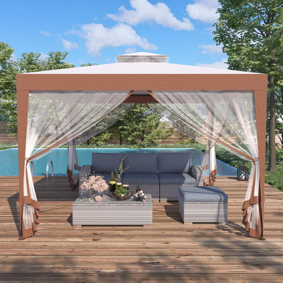 Mondeer Tuinpaviljoen, 3 x 3 m, dubbel dak, paviljoen met 4 muggennetten, zijpanelen voor schaduw en regen, metalen frame, stabiel, beige en bruin