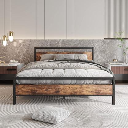 HOJINLINERO Kingsize bedframe met houten hoofdeinde, metalen platformbedframe kingsize matrasbasis, metalen lattensteun en opbergruimte onder bed, massief metalen bedframe tweepersoonsbed, zwart