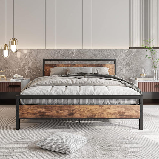 HOJINLINERO Kingsize bedframe met houten hoofdeinde, metalen platformbedframe kingsize matrasbasis, metalen lattensteun en opbergruimte onder bed, massief metalen bedframe tweepersoonsbed, zwart