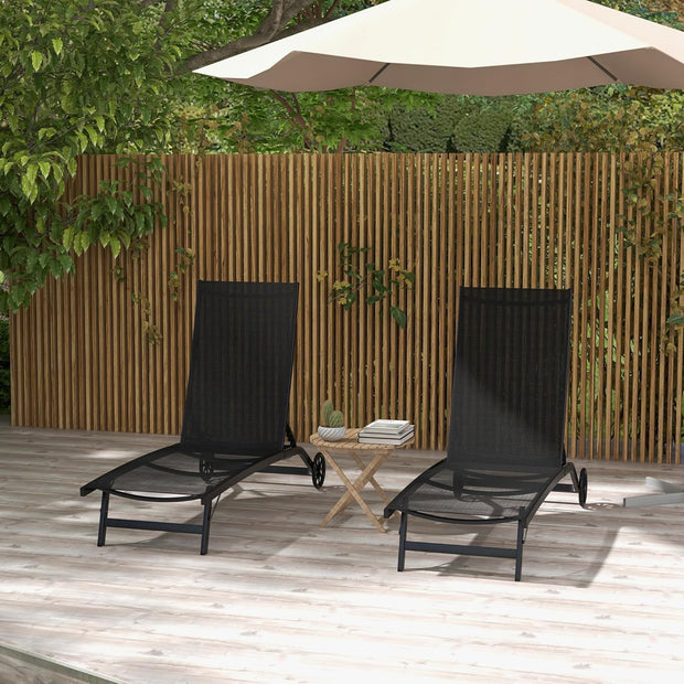 Ligstoel - Tuinligstoel - Set van 2 - Ligbed - met Wielen - Verstelbaar Rugleuning - Weerbestendig - voor Tuin - Zwembad - Strand - Aluminium - Textiel - 66 x 165 x 102 cm - Zwart
