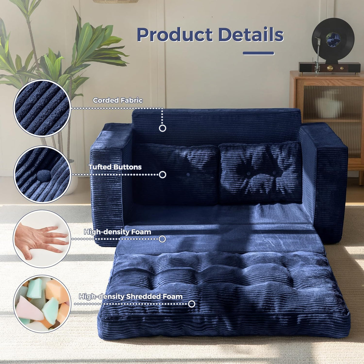 MAXYOYO Slaapbank, loveseat, omvormbaar met 2 kussens, 2-in-1 comfortabele corduroy bank, 2-zits, vloerligstoel, uitschuifbaar slaapgedeelte 101x196 cm, 15 cm dun schuim