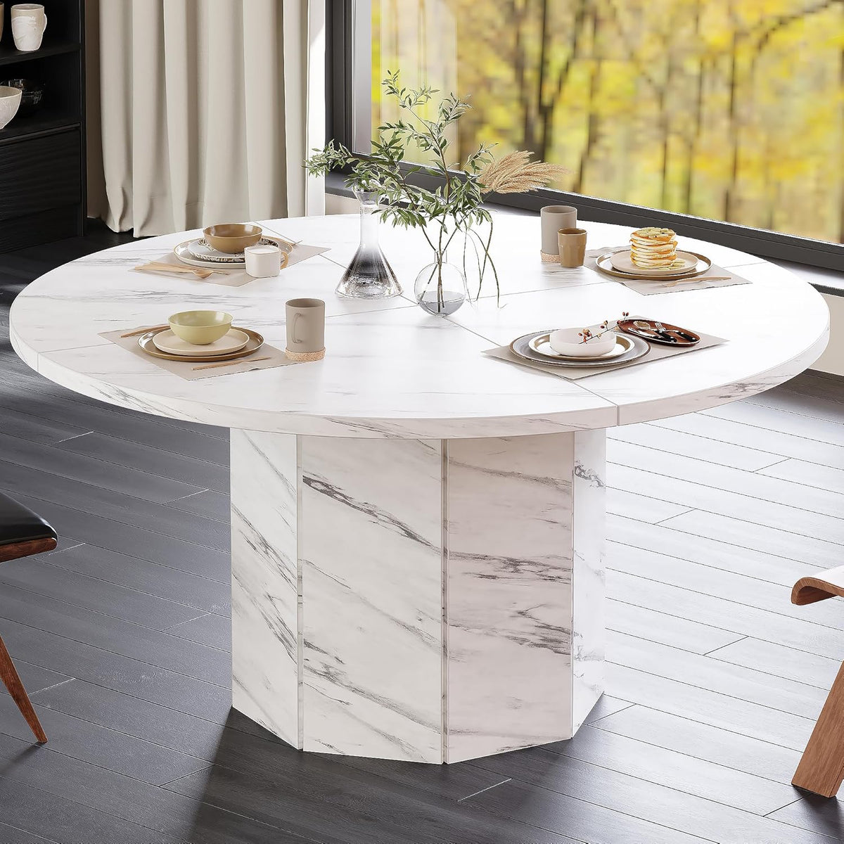 HSH Ronde eettafel voor 4-6 personen, alleen witte faux marmeren eettafel, moderne cirkel keukentafel voor thuis woonkamer, industriële houten eettafel met achthoekige basis, wit marmer, 120 cm - QUORE