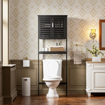 SMIBUY Badkamer boven het toilet opbergkast, 2-deurs bamboe kast organizer, vrijstaand ruimtebesparend toiletrek met verstelbare binnenplank en open plank (zwart)