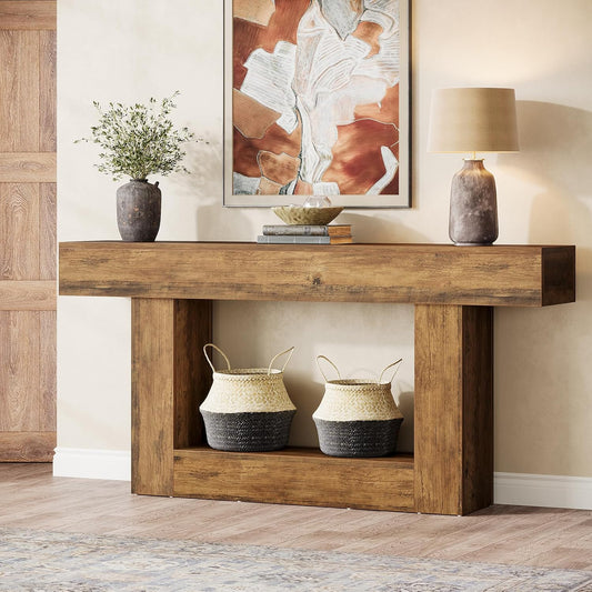 Tribesigns Console Table, 160 cm Long, 2 Tier Entrance Table, Coffee Table with Storage Space, Farmhouse Wood Rear Coffee Table for Living Room, Corridor (Vintage Brown)