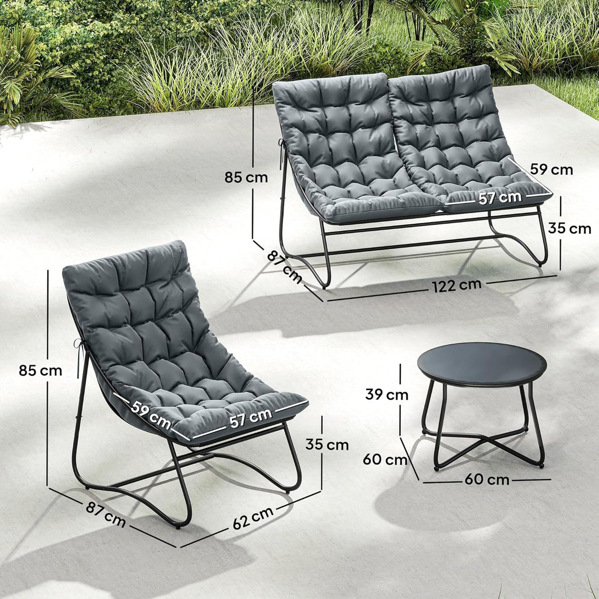 Outsunny Stahl Gartenmöbel Set 4 Persons wetterfest Balkonmöbel-Set mit 2er Sofa, Sessel Beistelltisch Sitzkissen Outdoor Sitzgruppe Terrassenmöbel Gartengarnitur für Garten Terrasse Balcony Grau