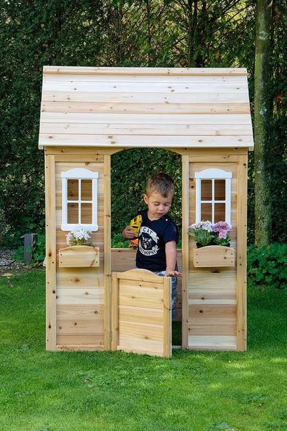 dobar® 94810FSCe Speelhuis met bloembakken, outdoorhuis voor kinderen, 1,10 m hoog, tuinspeelhuis van massief hout, weerbestendig kinderhuis met ramen, 107 x 92 x 144,5 cm, naturel
