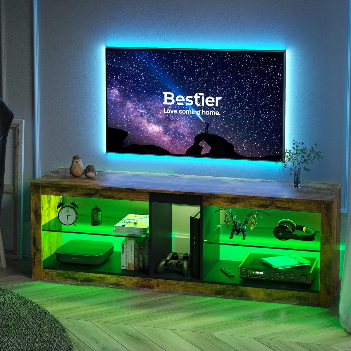 Bestier 140cm tv-standaard, tv-tafel voor tv's van 65 inch en kleiner met RGB LED-verlichting, 3 stopcontacten en 2 USB-oplaadpoorten