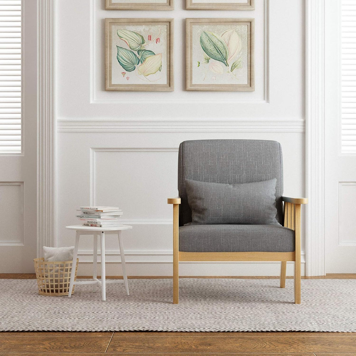 Mondeer Fauteuil, linnen, massief houten frame, retro met kussen, voor slaapkamer, woonkamer, balkon, kantoor, donkergrijs