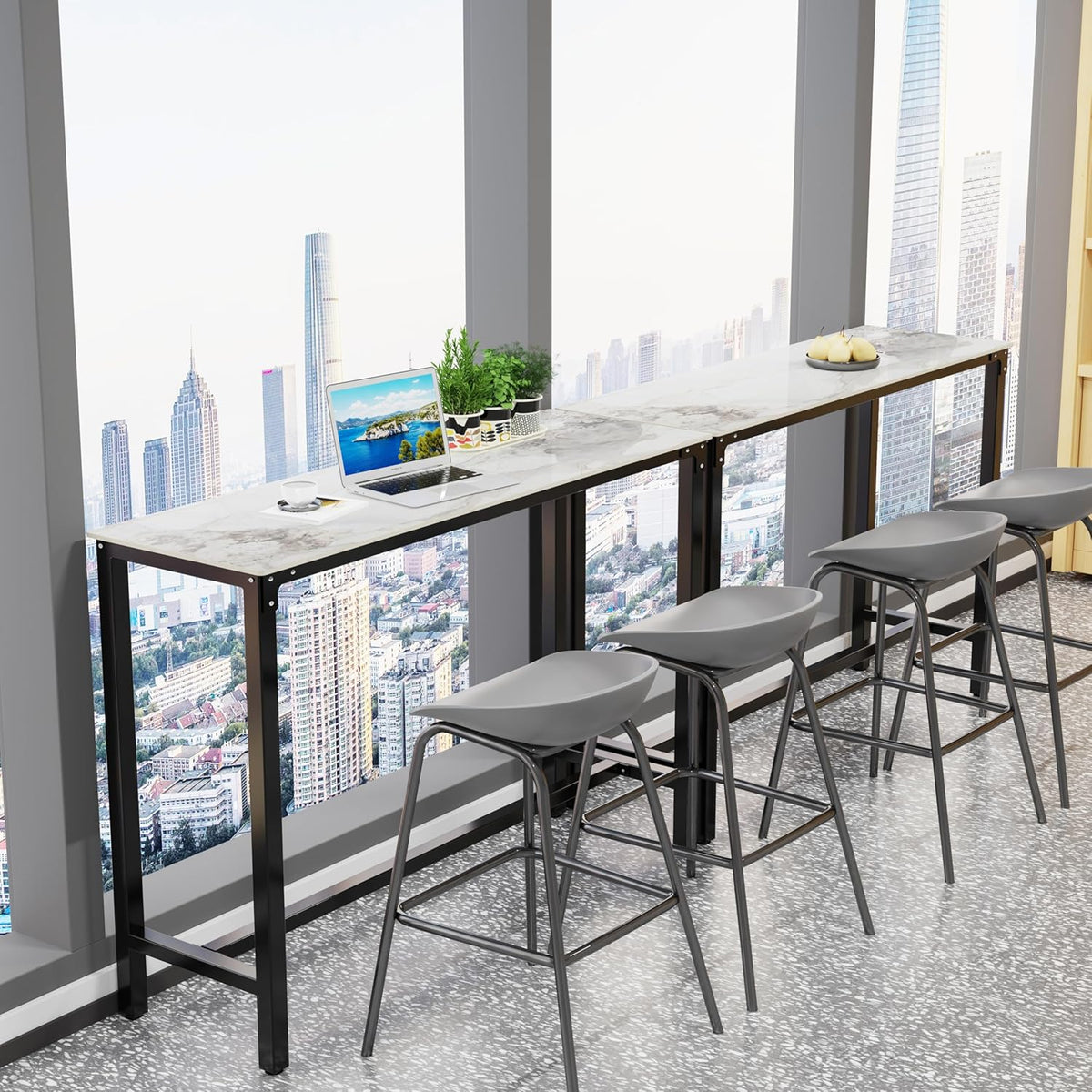 FATIVO Bar Table, Emerald, White, Bistro Table, Marble Bar Table, Kitchen Table, Rectangular, Narrow with Black Metal Frame, for Kitchen, Living Room, Dining Room, 120 x 40 x 105 cm - QUORE