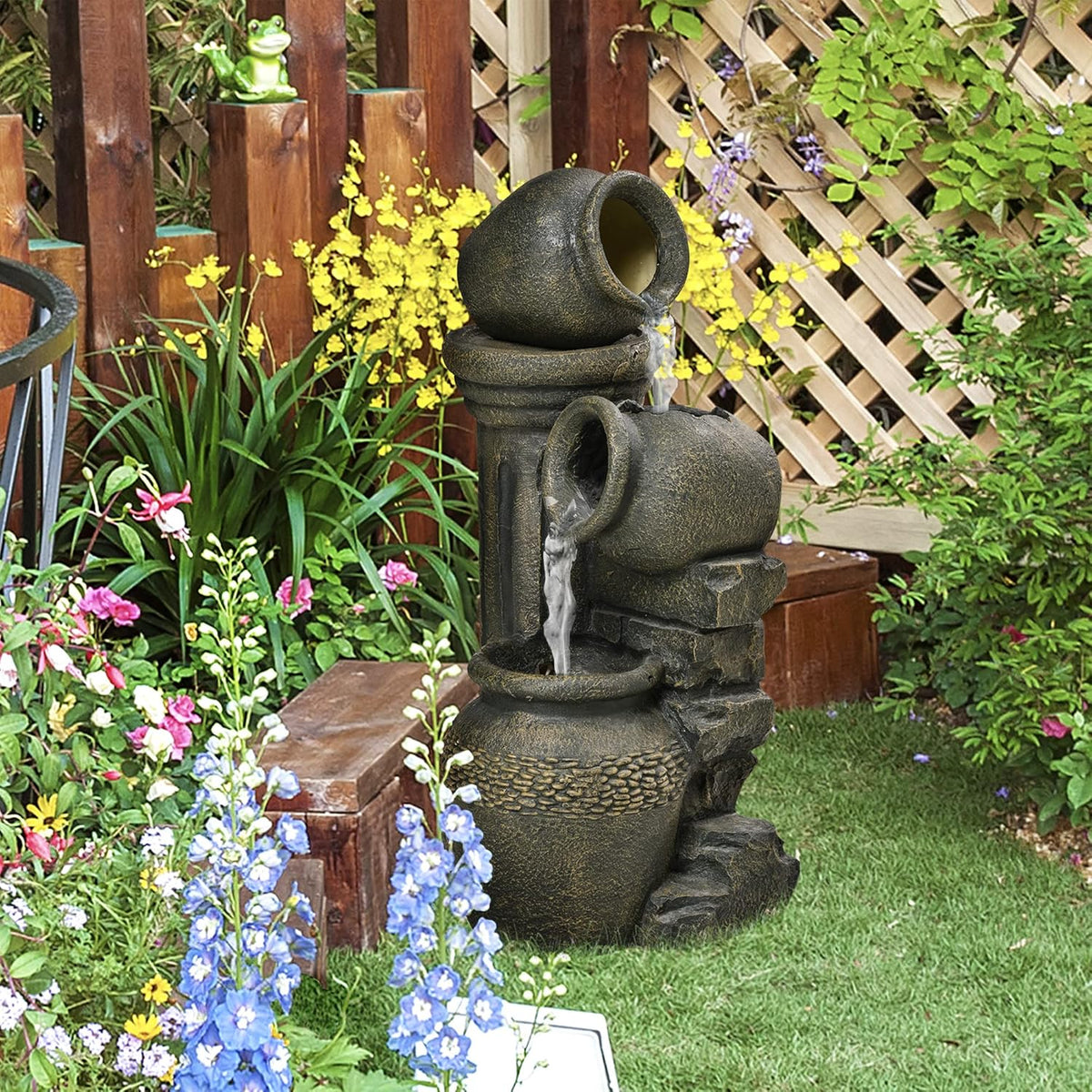 Outsunny garden fountain adjustable flow ornamental fountain with 3-layer wine jugs water feature waterfall for garden garden pond patio resin fountain - QUORE