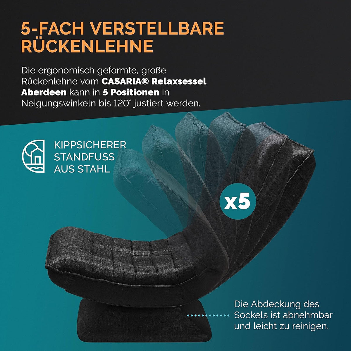 CASARIA Armchair Adjustable 360° Rotatable Foldable Max 150kg 58x57x84cm Fabric Living Room Gaming Sofa Chair Chair Black - QUORE