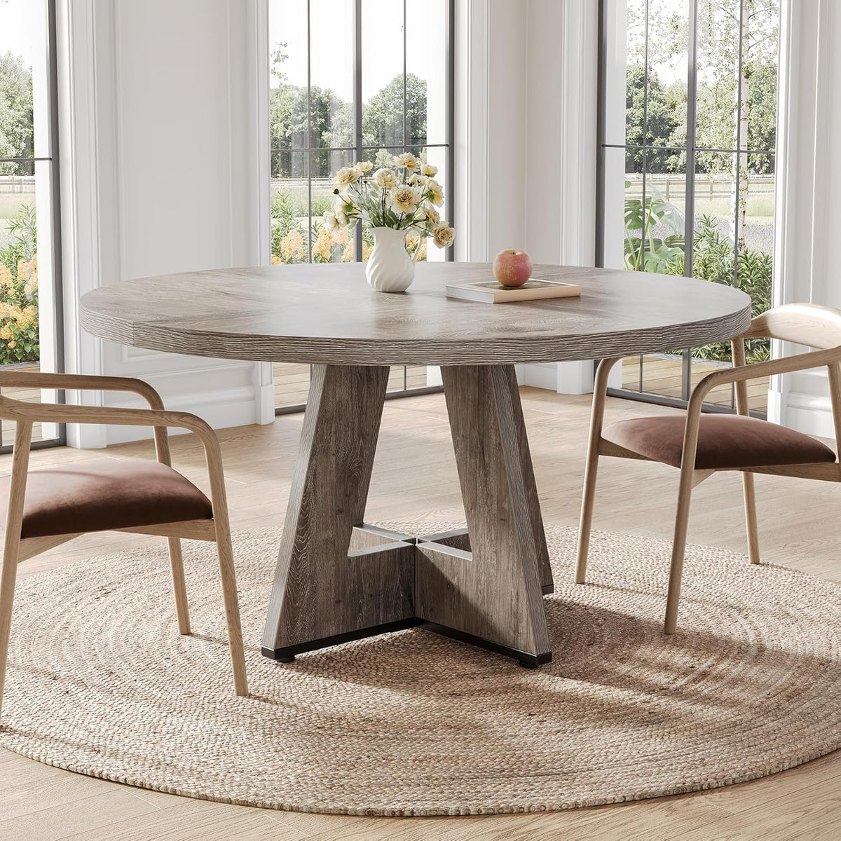 LITTLE TREE Ronde eettafel voor 4-6 personen, 117 cm eetkamertafel met houten voetstuk basis, grijze eettafel, cirkel keukentafel voor eetkamer, keuken, woonkamer (alleen tafel)