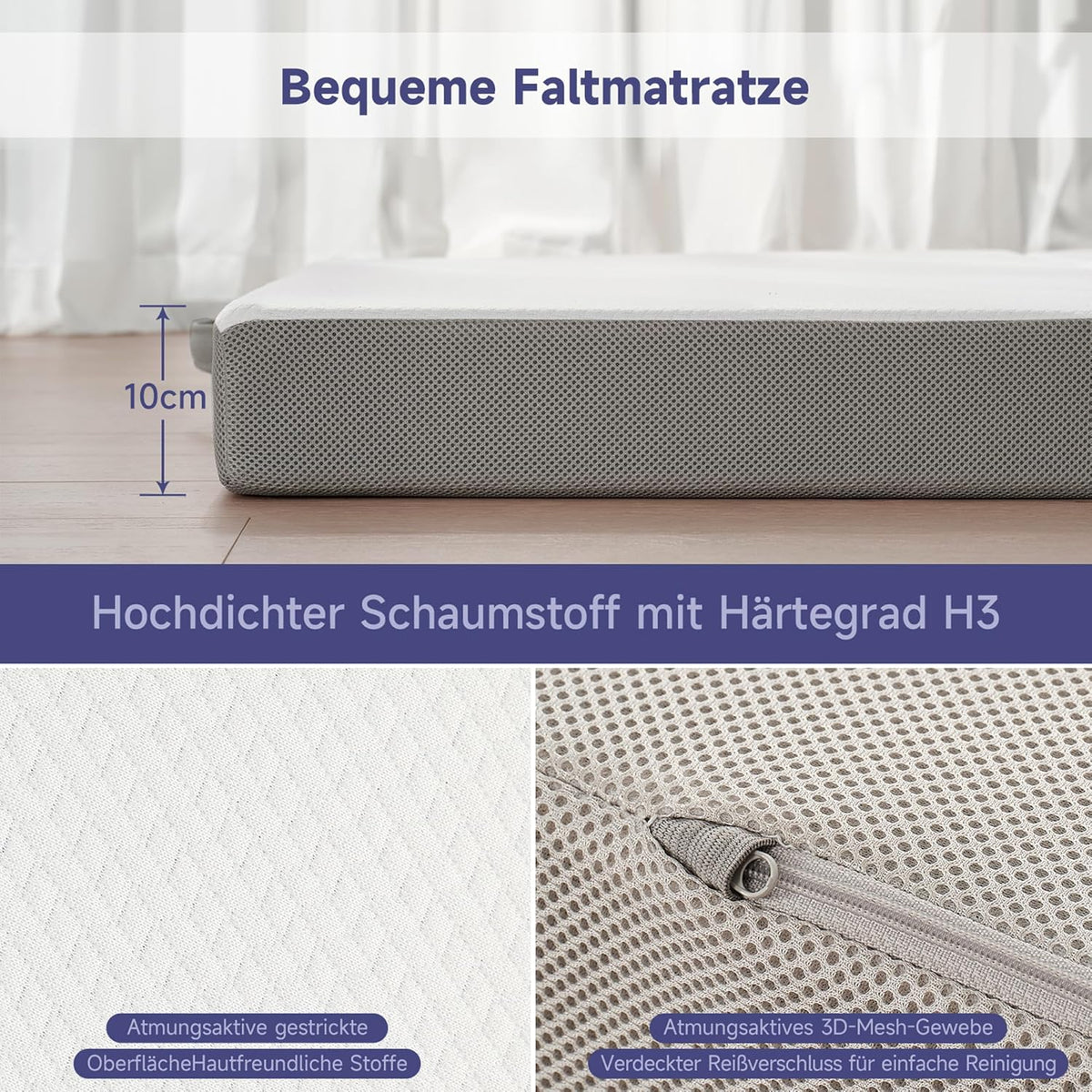 Z-HOM Vouwmatras, gastenmatras, 3-delig vouwmatras, 90 x 195 x 10 cm dik, schuimmatras, opvouwbaar matras, volwassenen, afneembare en wasbare buitenhoes