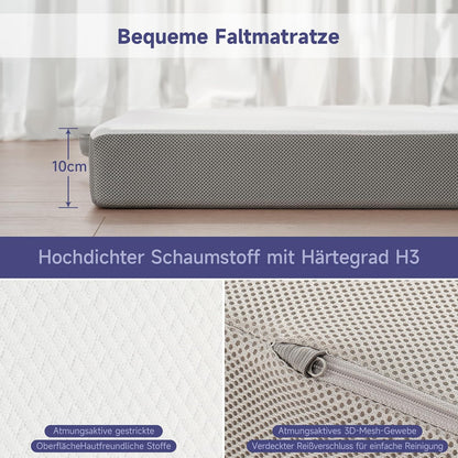 Z-HOM Vouwmatras, gastenmatras, 3-delig vouwmatras, 90 x 195 x 10 cm dik, schuimmatras, opvouwbaar matras, volwassenen, afneembare en wasbare buitenhoes