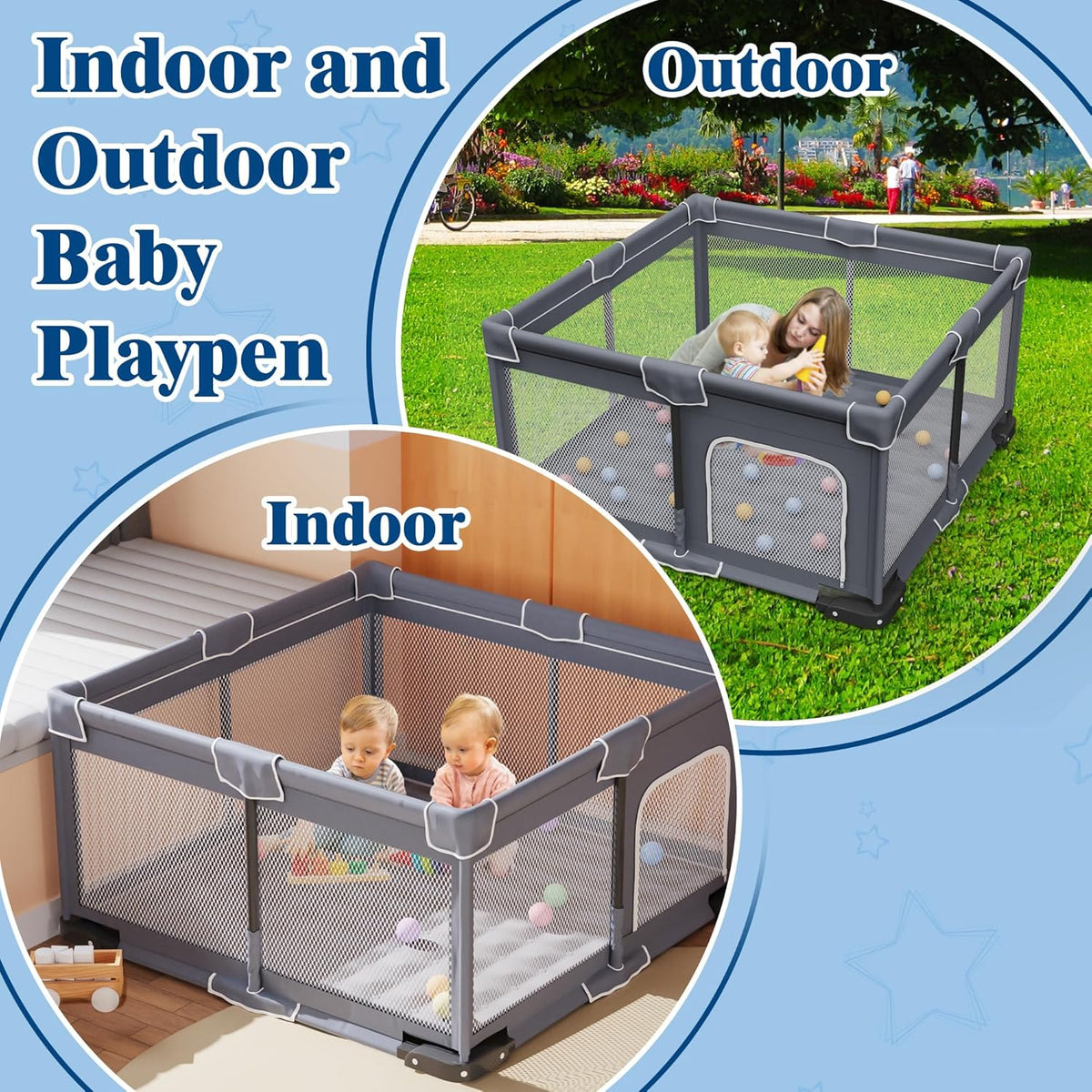 Foldable Playpen with Mat, Playpen for Babies and Toddlers with Door, Foldable Playground with Non-Slip Bottom, Portable Playground P, Dark Grey with Adhesive Tape - QUORE