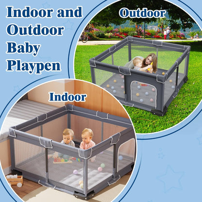 Foldable Playpen with Mat, Playpen for Babies and Toddlers with Door, Foldable Playground with Non-Slip Bottom, Portable Playground P, Dark Grey with Adhesive Tape - QUORE